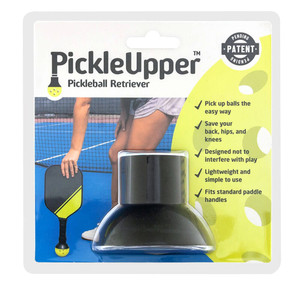 The Pickle-Upper Ball Pickup Tool fits over pretty much any paddle handle and allows you to pick up balls without fully bending over and straining your back or knees.