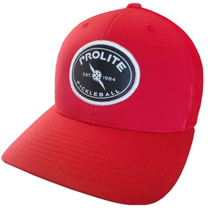 Legacy PROLITE trucker-style hat with brand patch featuring lightning bolt and ball logo on the front, available in black, white, pink, red, and khaki colors.