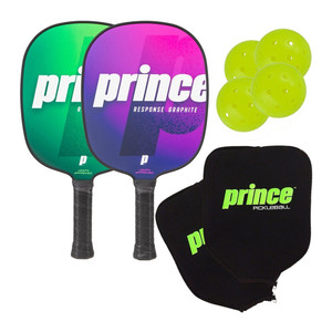 The Response Graphite 2-Paddle Bundle by Prince Pickleball includes two paddles in your choice of colors, two Prince paddle covers, and four neon outdoor pickleballs.