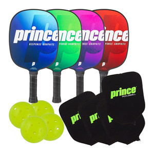 The Response Graphite 4-Paddle Bundle by Prince Pickleball includes four paddles, one each in blue, red, green, and purple, four Prince paddle covers, and four neon outdoor pickleballs.