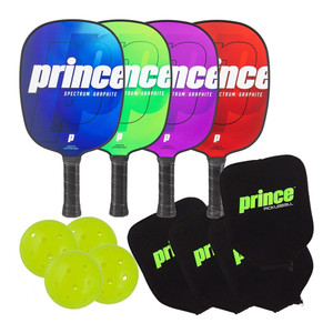 The Spectrum Graphite 4-Paddle Bundle by Prince Pickleball includes four paddles, one each in red, green, purple, and blue, four Prince paddle covers, and four neon outdoor pickleballs.