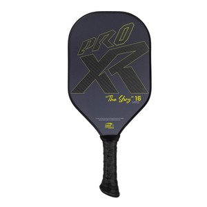 Front view of ProXR The Story Lefty 16 Pickleball Paddle, one side fiberglass, one side carbon fiber, features Large ProXR logo across the paddle face