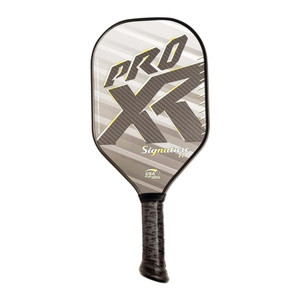 The ProXR Signature 14 Pickleball Paddle features a gold and grey graphic design on a 3k carbon fiber weave face and 14mm thick core. Ranging in weight from 8.0 to 8.4 ounces, with a 5.5" handle length to allow room for a double handed hold.