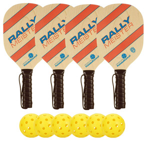 Rally Meister Wood Paddle Deluxe Bundle- includes four wood paddles and 6 indoor pickleballs