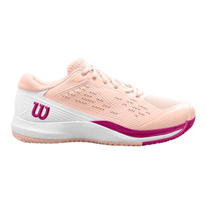 Rush Pro Ace Wide Shoe by Wilson for Women in Scallop Shell/White/Baton Rouge side view featuring Wilson logo on the heel.