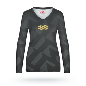 Selkirk Regal Series Long Sleeve V-Neck Shirt for women features sleek design, with the Selkirk logo on the center chest and center back. Available in Regal Black or Regal White colors, with gold accents. Sizes extra small through double extra large.