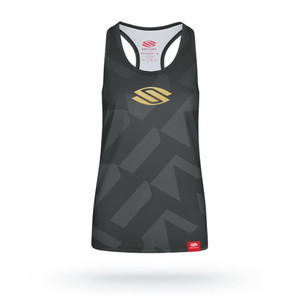Selkirk Women's Regal Series Racer Back Tank Top features modern design, with the Selkirk logo on the center chest and down the spine. Offered in Regal Black or Regal White colors combos, with gold accents. Sizes extra small through double extra large.