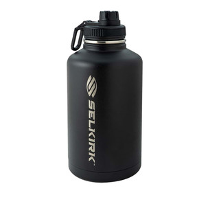 64 ounce Selkirk Premium Water Bottle is double-walled, stainless steel, featuring the Selkirk name and logo in silver down the side. Available in Black, Red, or White with plastic screw cap top.
