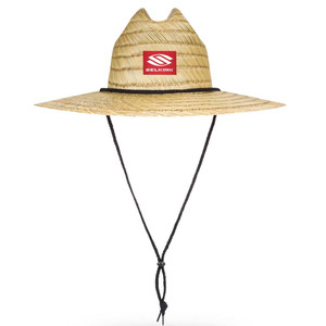 Selkirk Straw Hat is a natural straw color with a red Selkirk logo placed in the center of the hat. Features sweatband and adjustable chin strap. Under the brim is a repeating design of the Selkirk name.