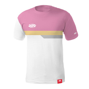 Front view  white/pink Men's Selkirk Legacy Line Pro Crew Shirt with small Selkirk logo on right chest and left sleeve.