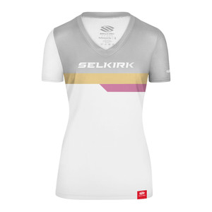Selkirk Legacy Line Women's Short Sleeve V-Neck Shirt available in color combination grey and white. Features a color block design and brand logo across the chest. Sizes XS-2XL