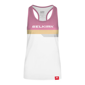 Selkirk Legacy Line Women's Racerback style Tank Top available in color combination pink and white. Featuring the Selkirk logo across the chest. Available in sizes XS-2XL