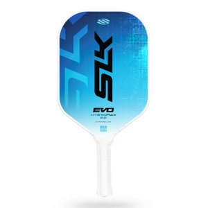 Selkirk SLK Evo Hybrid Max 2.0 Pickleball Paddle with wide fiberglass face and shorter handle. Shown in Blue.