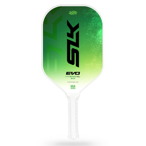 Selkirk SLK Evo Hybrid XL 2.0 Pickleball Paddle with a long handle and fiberglass paddle face offers a balance of power and feel. Shown in Green.