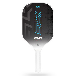 Selkirk SLK Evo Power XL 2.0 Pickleball Paddle is designed to deliver power from its elongated shape and carbon fiber face. Shown in Blue.