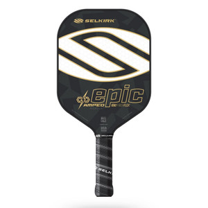 Regal AMPED Epic X5 FiberFlex Standard Weight Paddle by Selkirk Sport. Featuring a black design with a large white brand logo and gold highlighting on the paddle face