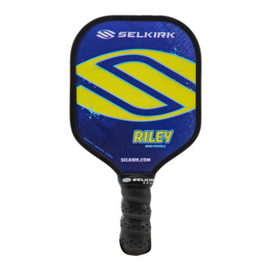Selkirk Sport Riley Mini Paddle shown in color Lakeside Lemon featuring a blue paddle face and yellow logo design. Measuring eight inches long and 4.4 inches wide