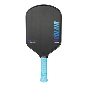Front view of the 14mm thick Volair Mach 1 Forza Pickleball Paddle with black face and teal grip.