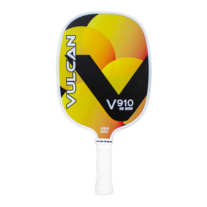 Vulcan V910 Pickleball Paddle featuring an oval-shaped carbon fiber face sporting a yellow and black design and a white edge guard and grip