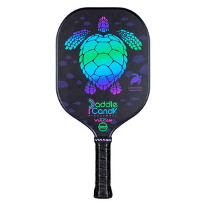 Paddle Candy Turtle by Vulcan featuring black paddle background and vibrant turtle graphic in shades of green, blue and purple.