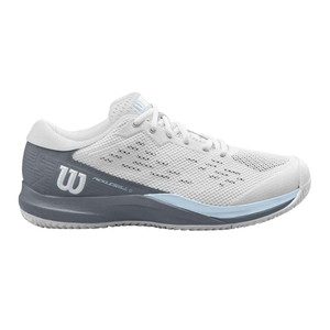 Rush Pro Ace Pickler Wide Shoe by Wilson for Women in an attractive White, "Stormy Weather," Classic Blue color combination, outer side view featuring Wilson logo on the heel.