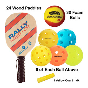 Youth Program Provider Bundle including Rally Meister wood paddles, a variety of pickleballs and Court Chalk